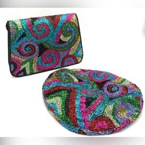 WHITTALL & SHON Colorful Sequined Bead Hat & Shoulder Bag RARE SET Vintage